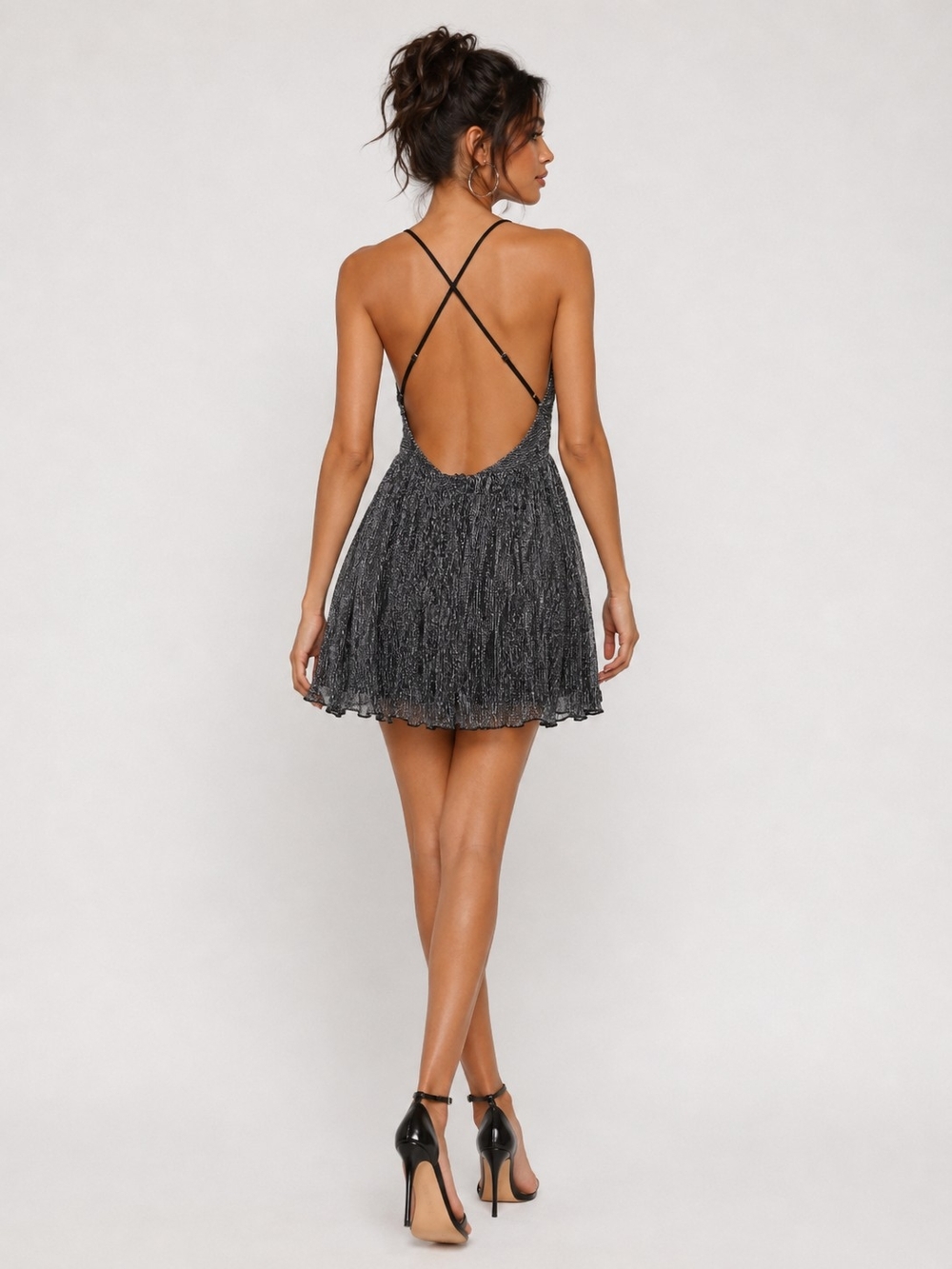 Lulus Womens Metallic Charcoal Criss-Cross Straps V-Neck Mini Dress Size M - Picture 4 of 9